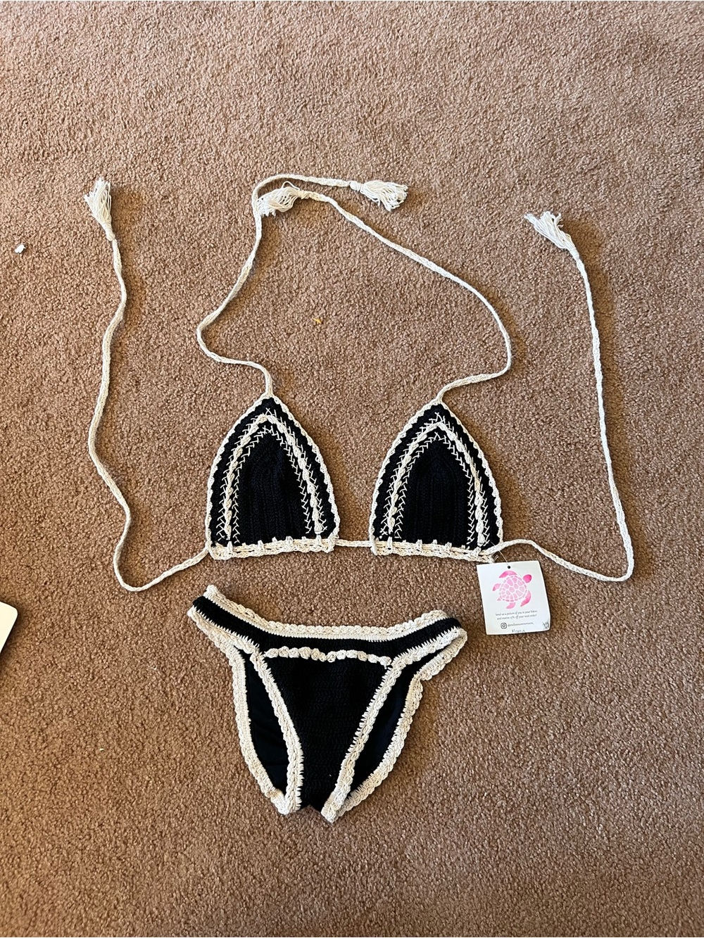 Handmade Black & Cream Crochet Triangle Bikini Set - Women Swim